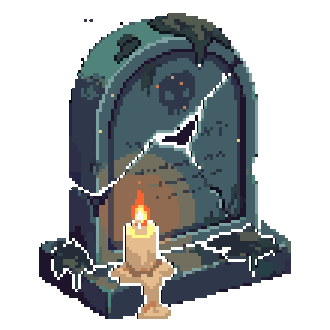 A cracked tombstone with a lit candle